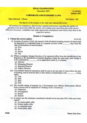 ICMAI Final December 2023 Question Paper - Corporate And Economic Laws