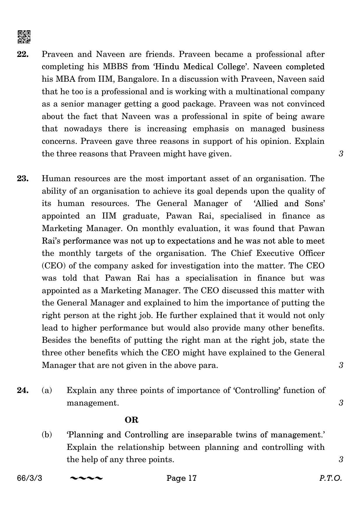 CBSE Class 12 66-3-3 Business Studies 2023 Question Paper - Page 17