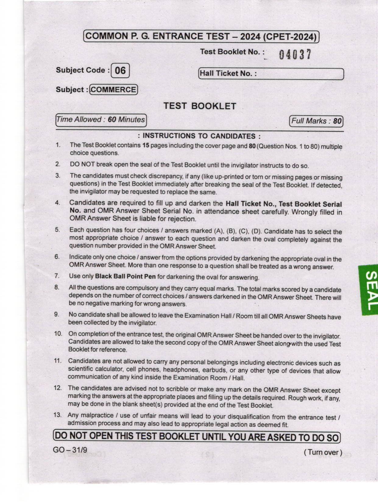 Odisha CPET 2024 COMMERCE Question Paper - Page 1