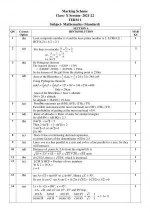 CBSE Class 10 Mathematics (Standard) Marking Scheme and Solutions 2021-22