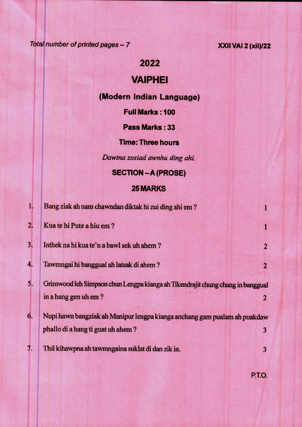 COHSEM 12th Question Papers 2022 Vaiphei (M.I.L.) - Page 1