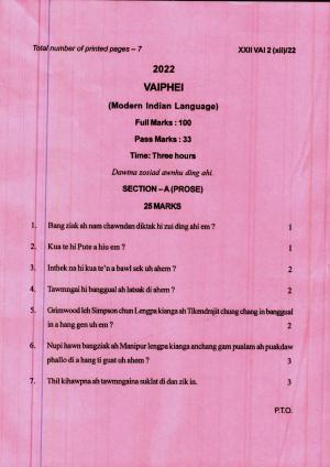 COHSEM 12th Question Papers 2022 Vaiphei (M.I.L.)