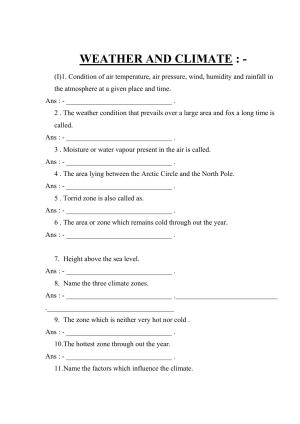 Worksheet for Class 5 Social Science Weather and Climate Assignment