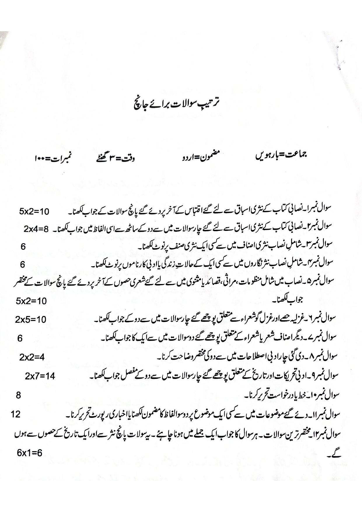 JKBOSE Class 12 Urdu Model Question Paper - Page 1
