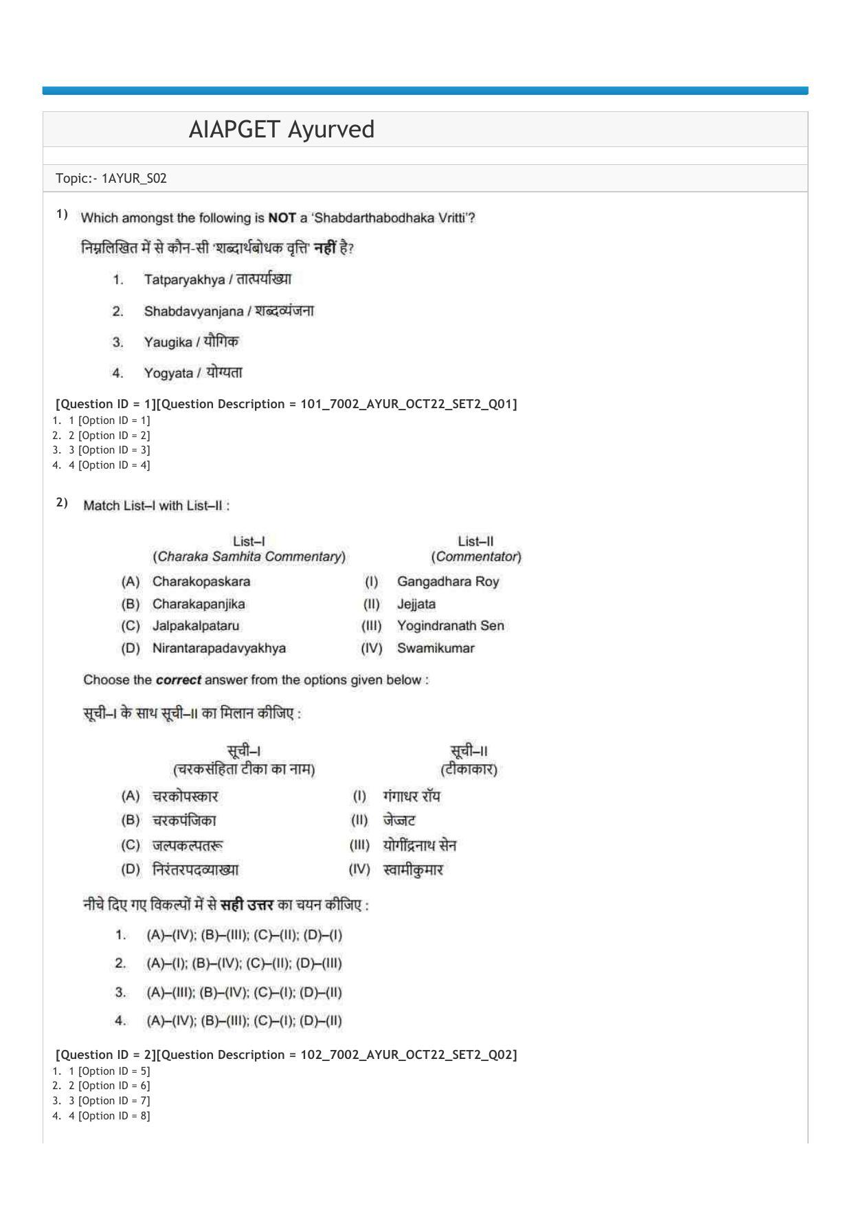 AIAPGET 2022 Ayurveda Question Paper - Page 1