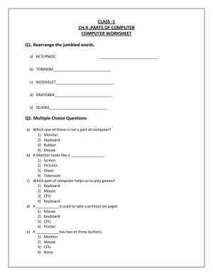 Worksheet for Class 1 Computer Science Parts of a computer Assignment 2