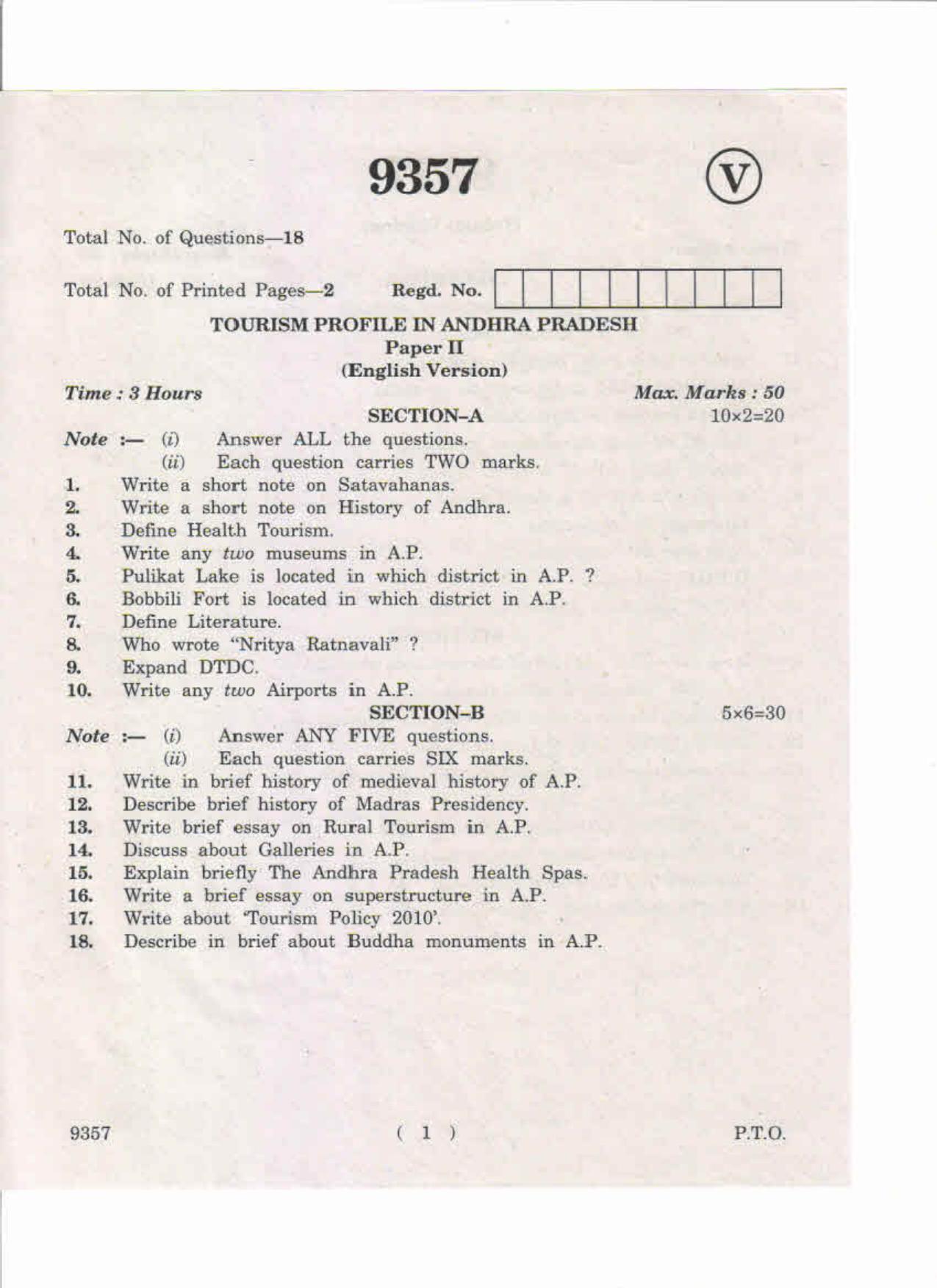 AP Inter 2nd Year Tourism Profile in Andhra Pradesh-II May-2019-Vocational Question Paper - Page 1