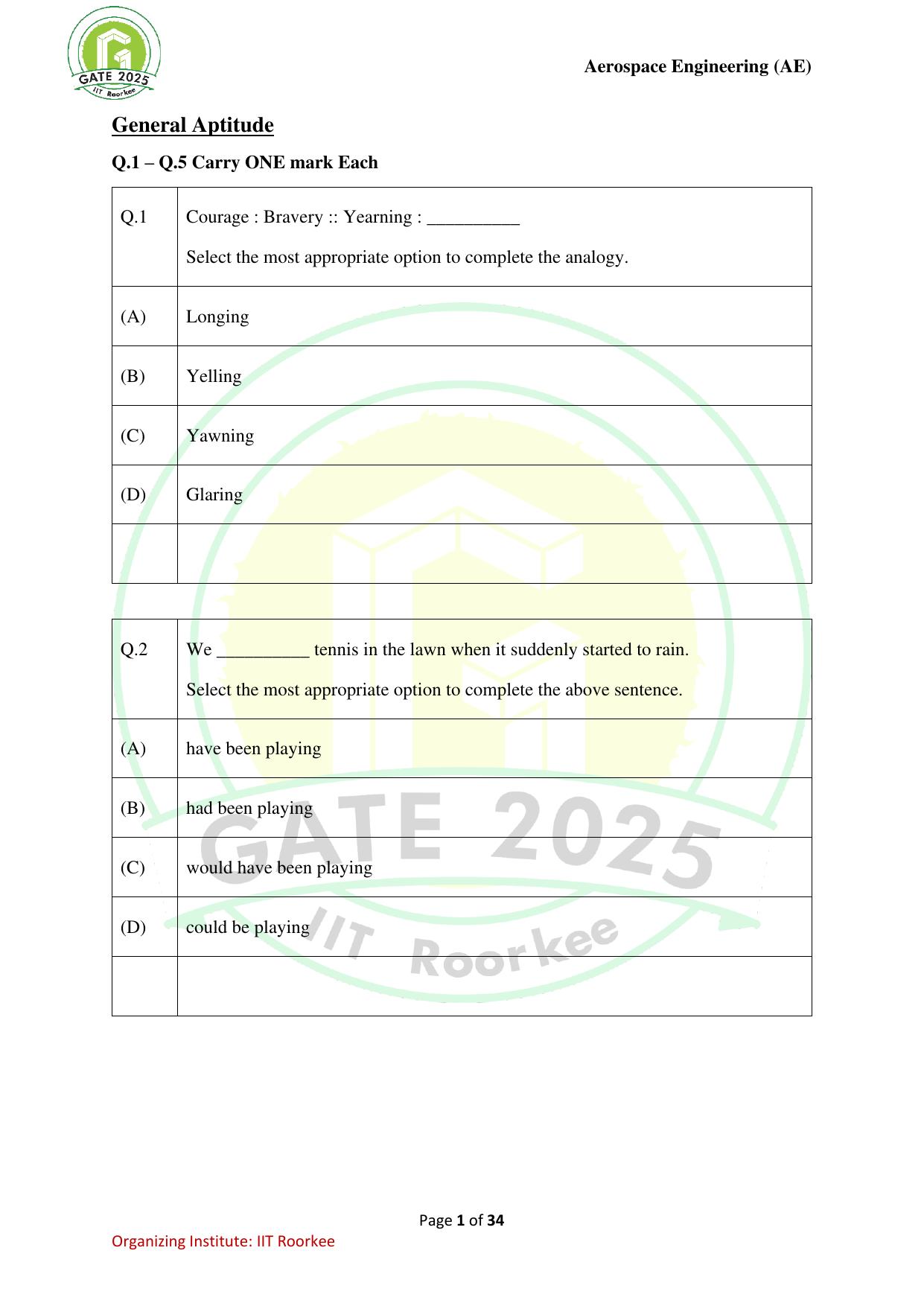 GATE 2025 Aerospace Engineering (AE) Question Paper - Page 1