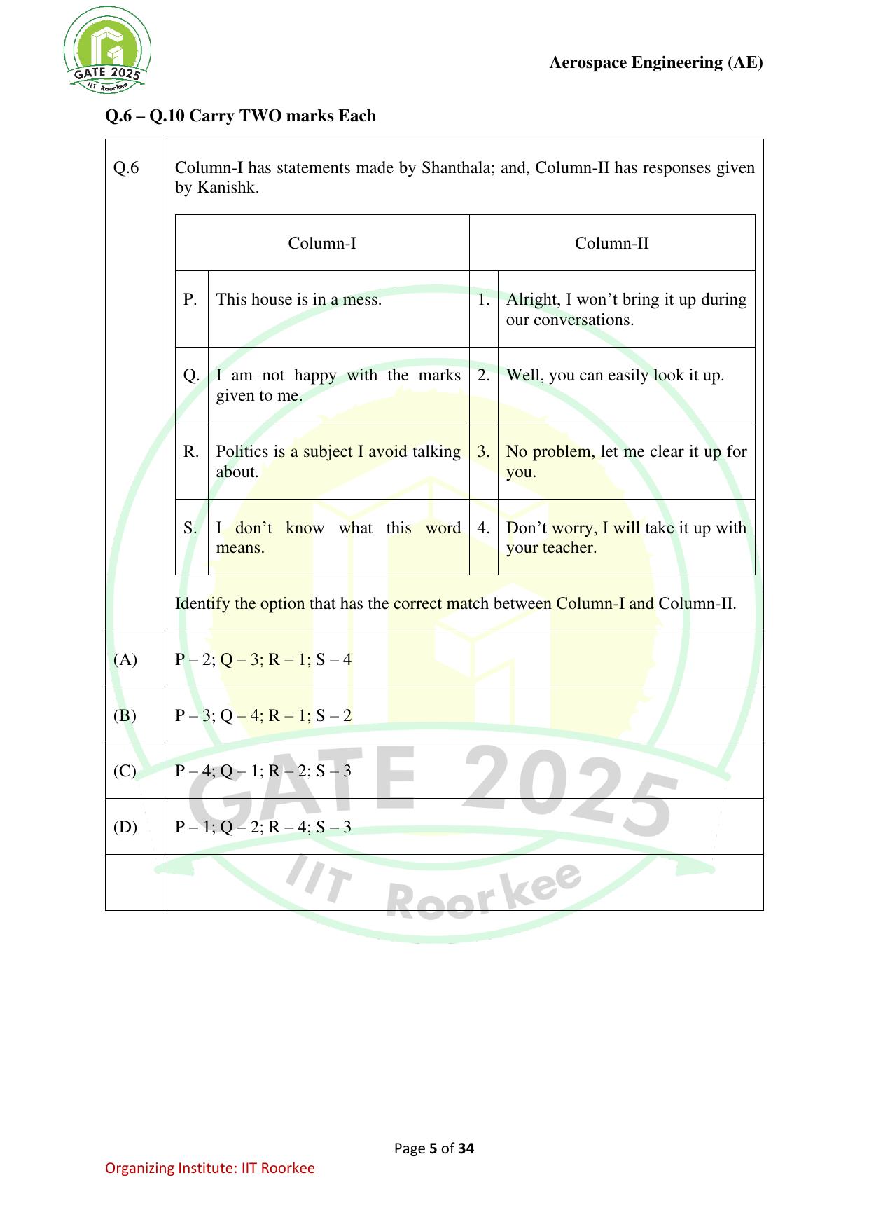 GATE 2025 Aerospace Engineering (AE) Question Paper - Page 5