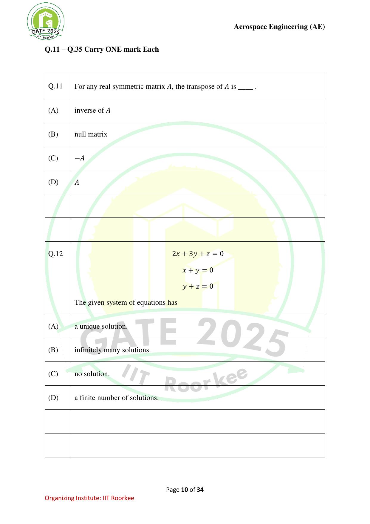 GATE 2025 Aerospace Engineering (AE) Question Paper - Page 10