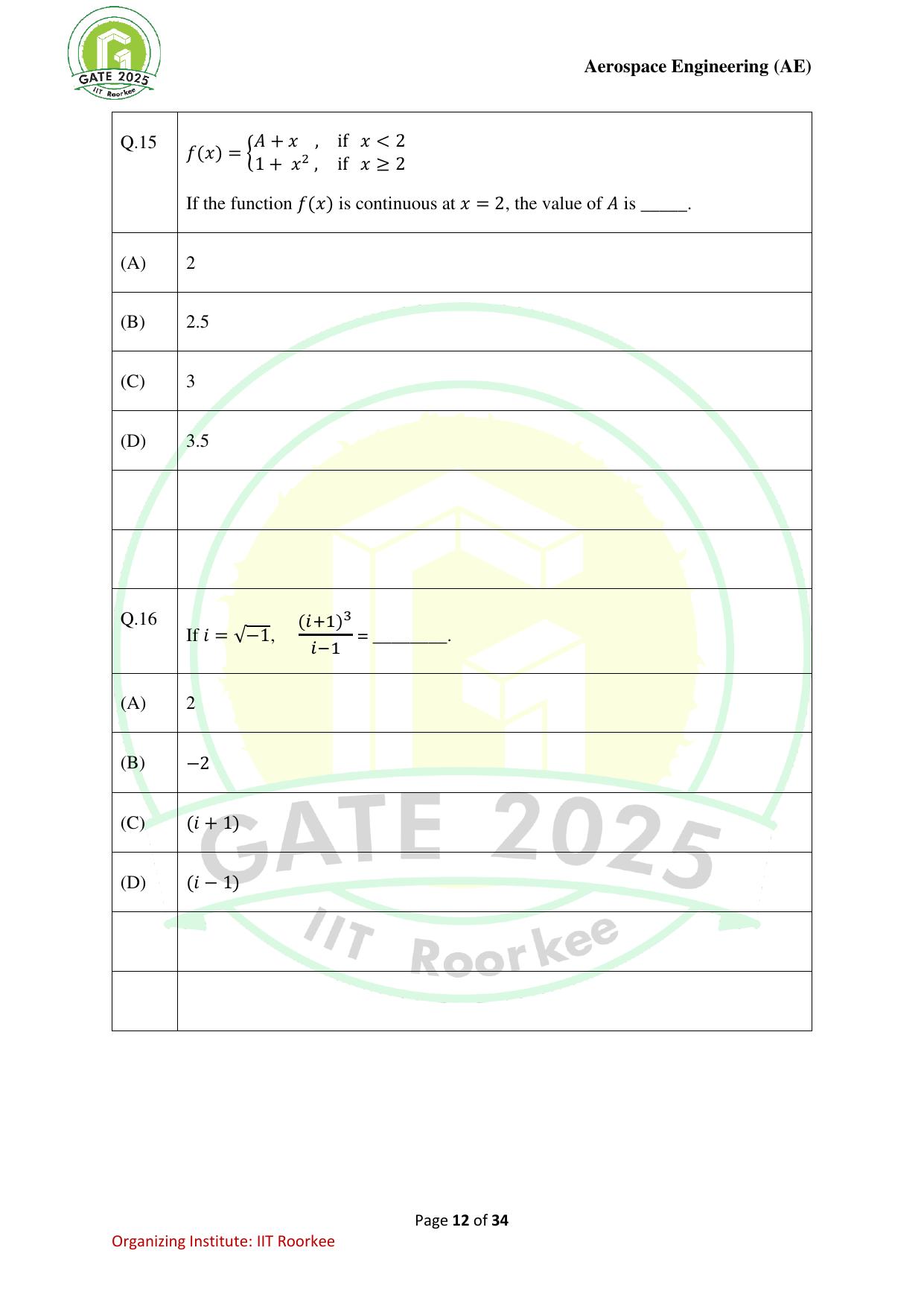 GATE 2025 Aerospace Engineering (AE) Question Paper - Page 12