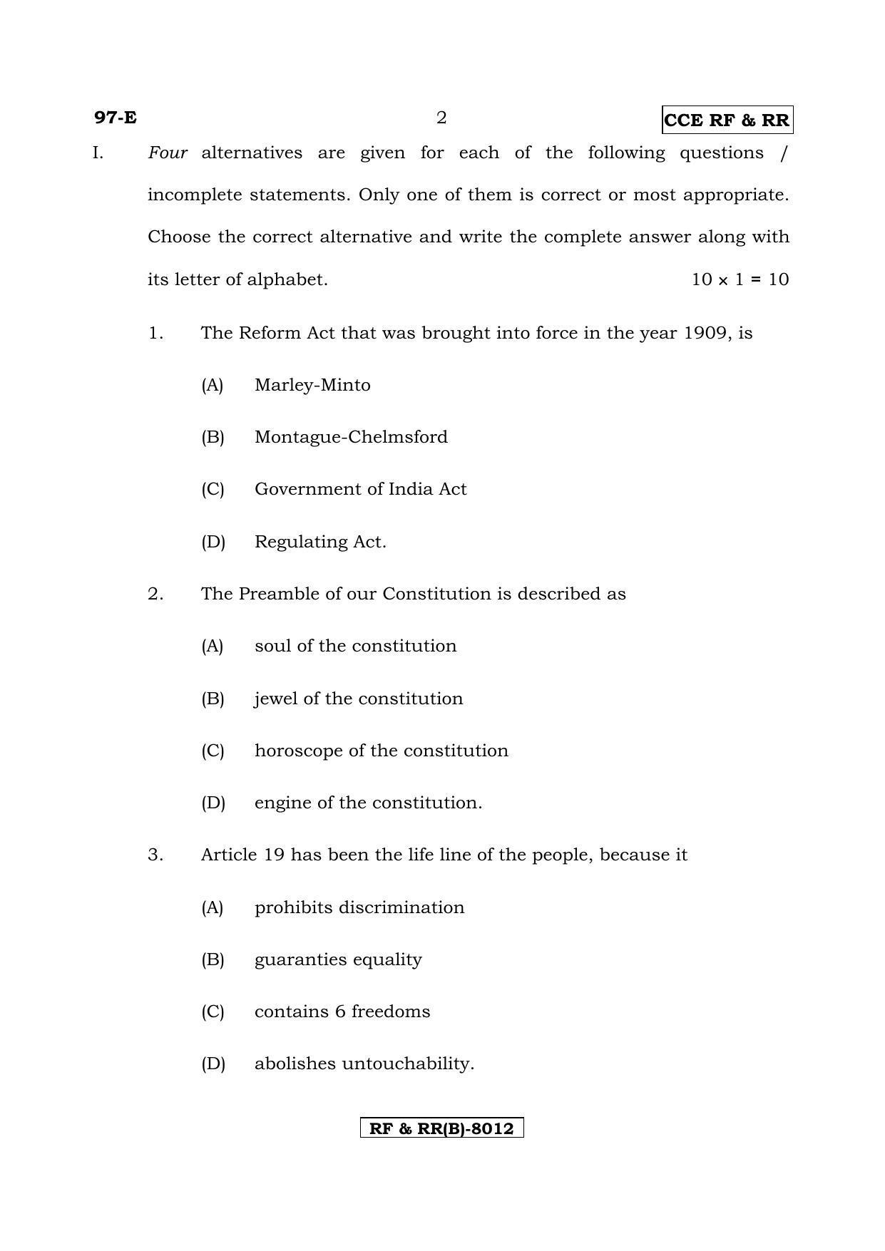 Karnataka SSLC POLITICAL SCIENCE - ENGLISH (97E-B Version_15) March/April 2019 Question Paper - Page 2