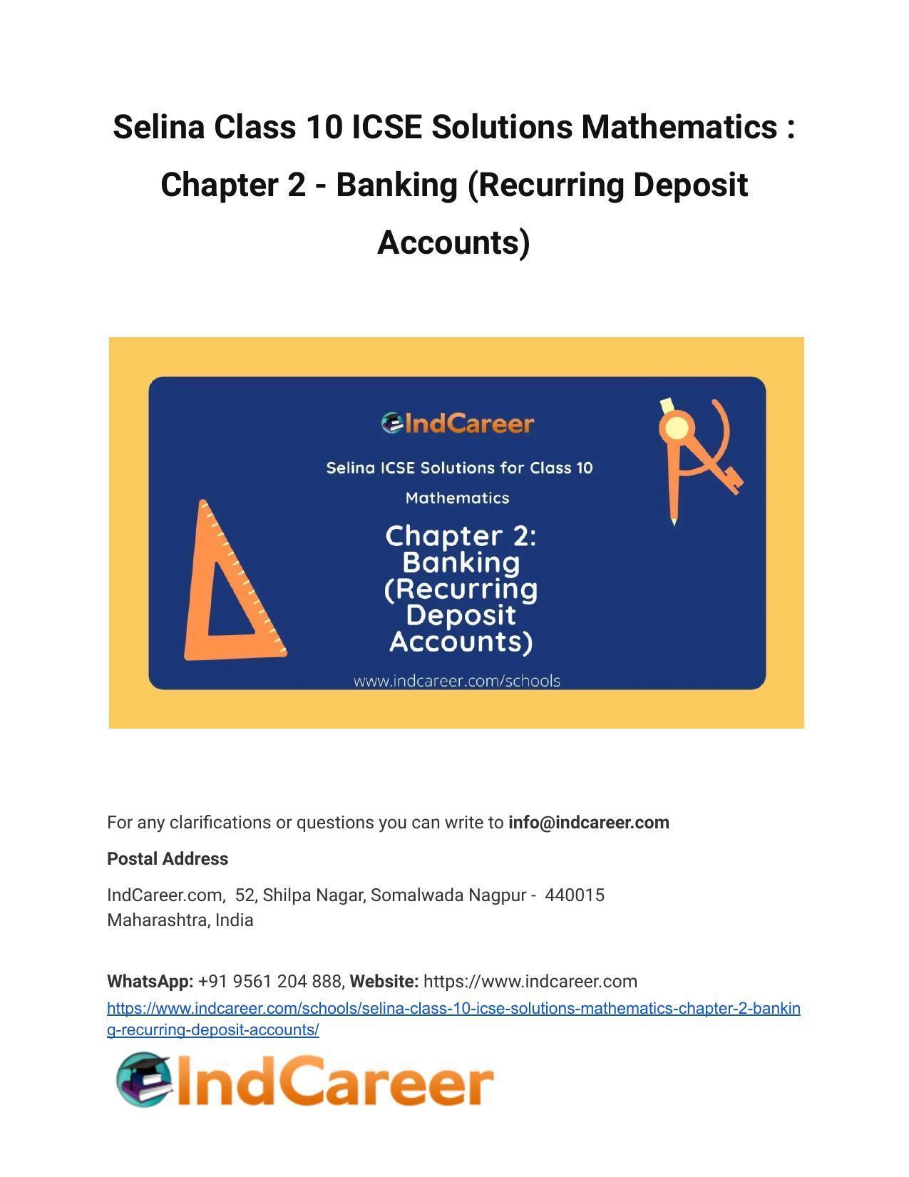 Selina Class 10 ICSE Solutions Mathematics : Chapter 2 - Banking (Recurring Deposit Accounts) - Page 1