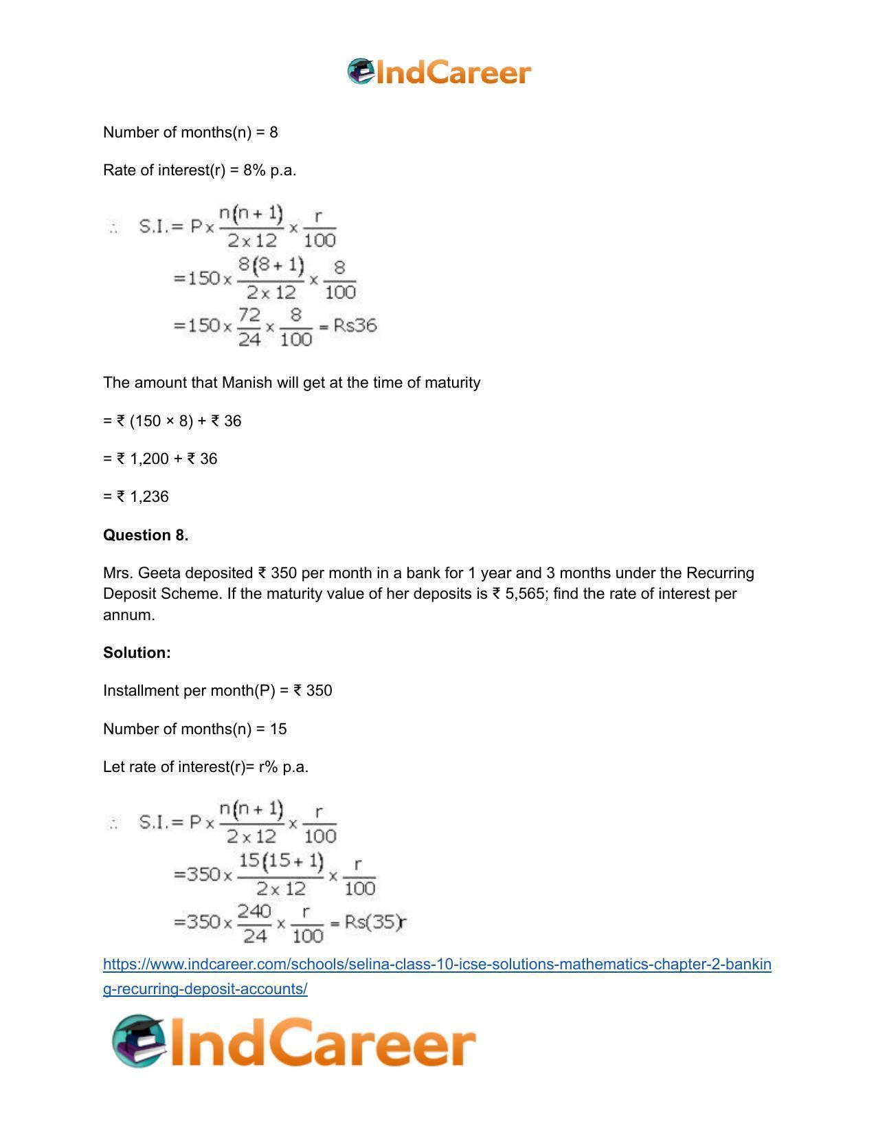 Selina Class 10 ICSE Solutions Mathematics : Chapter 2 - Banking (Recurring Deposit Accounts) - Page 9