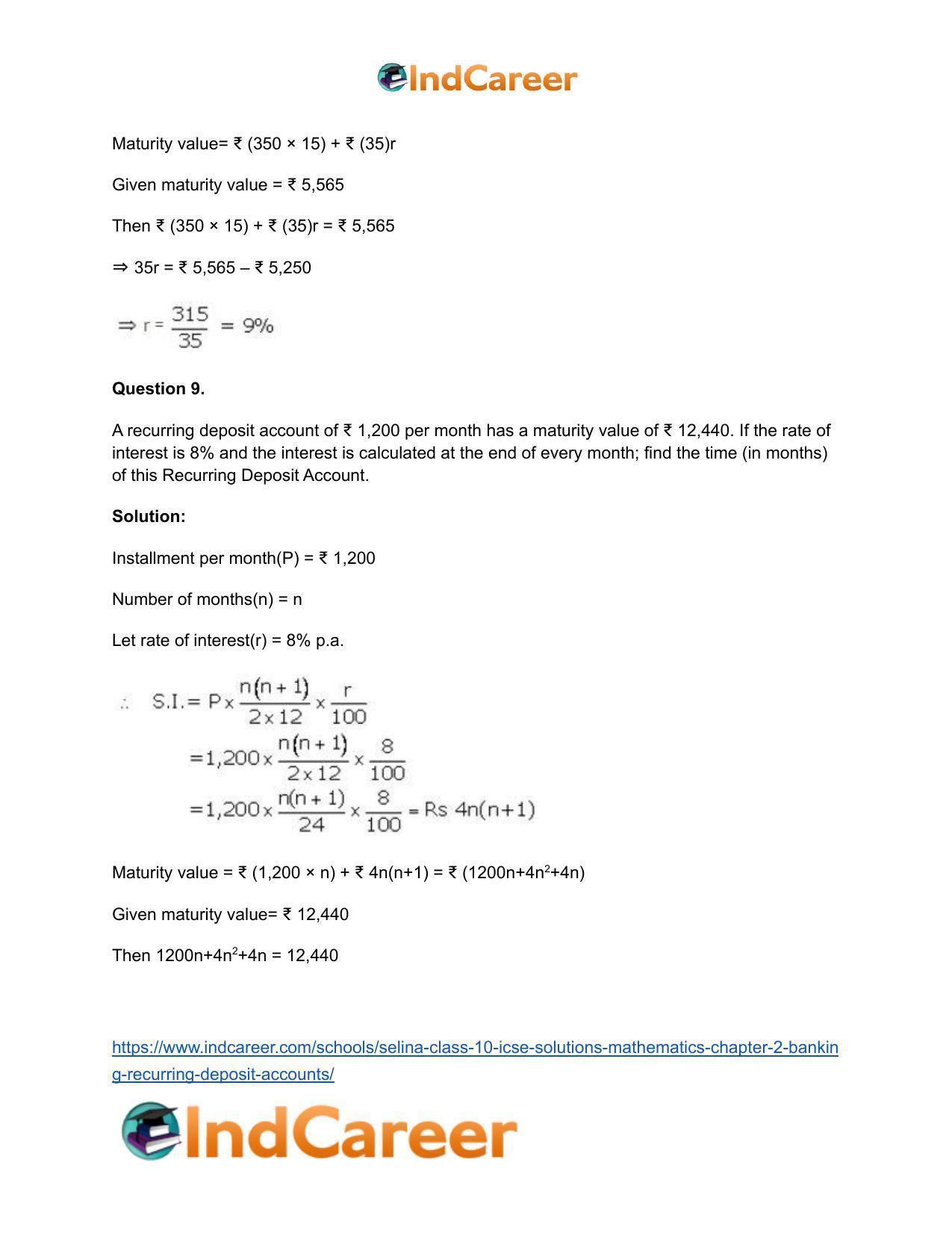 Selina Class 10 ICSE Solutions Mathematics : Chapter 2 - Banking (Recurring Deposit Accounts) - Page 10