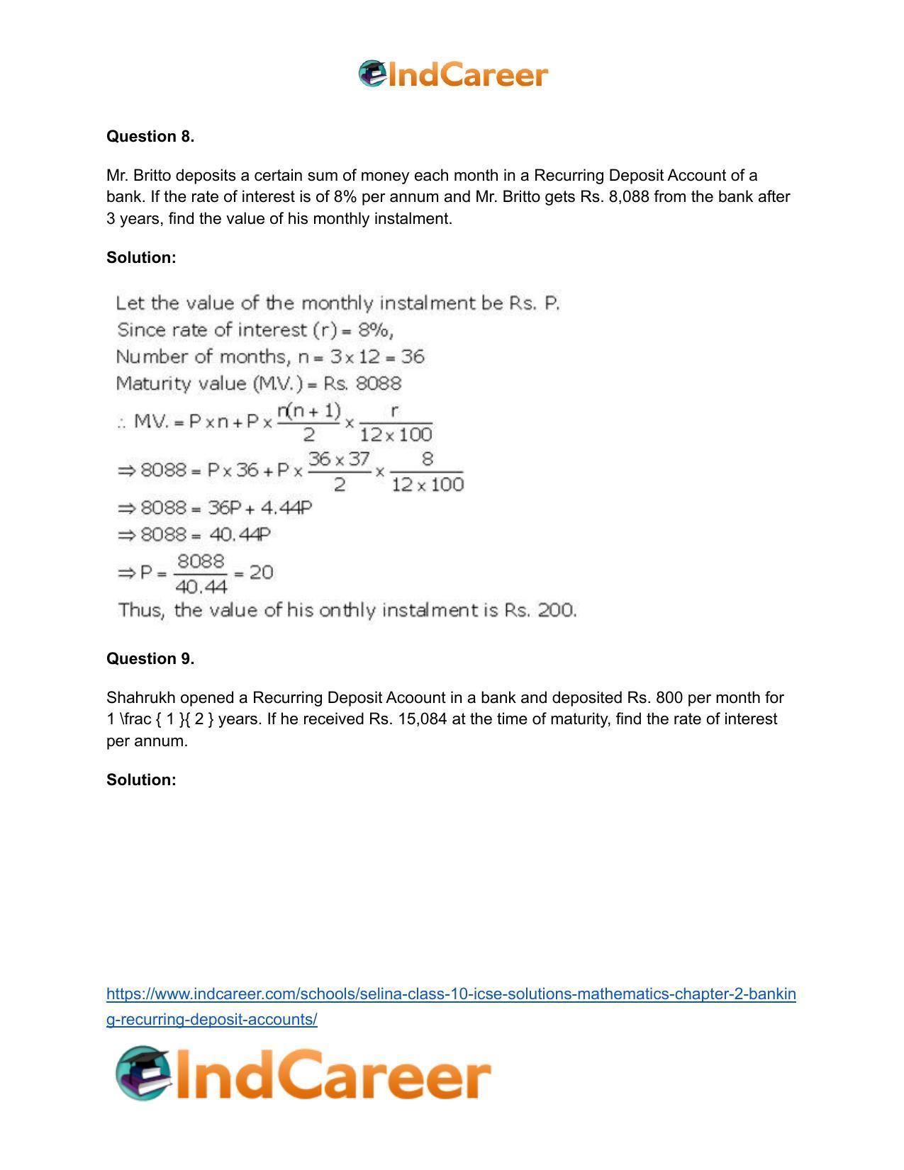 Selina Class 10 ICSE Solutions Mathematics : Chapter 2 - Banking (Recurring Deposit Accounts) - Page 19