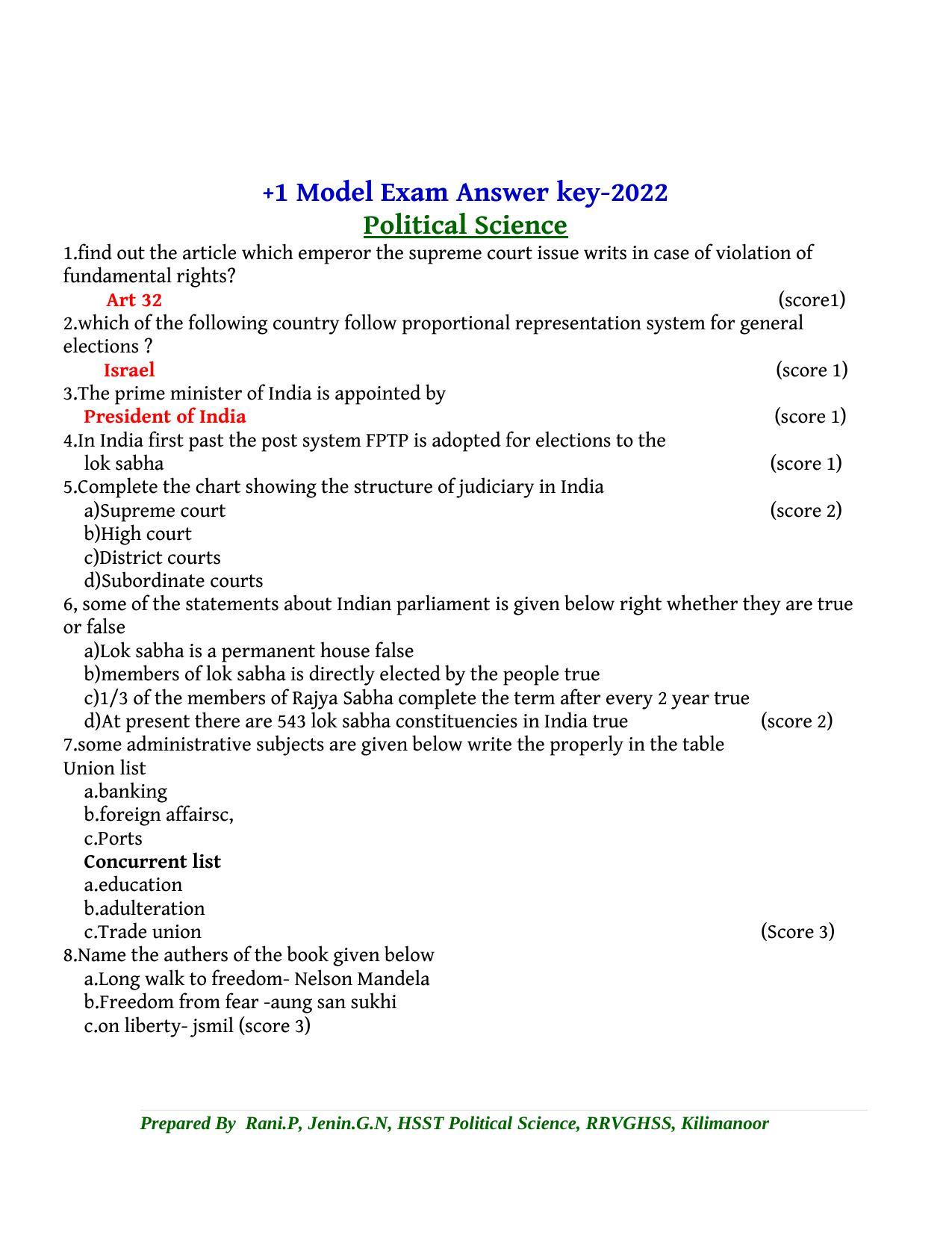 Kerala Plus One 2022 Political Science Answer Key (Model) - Page 1