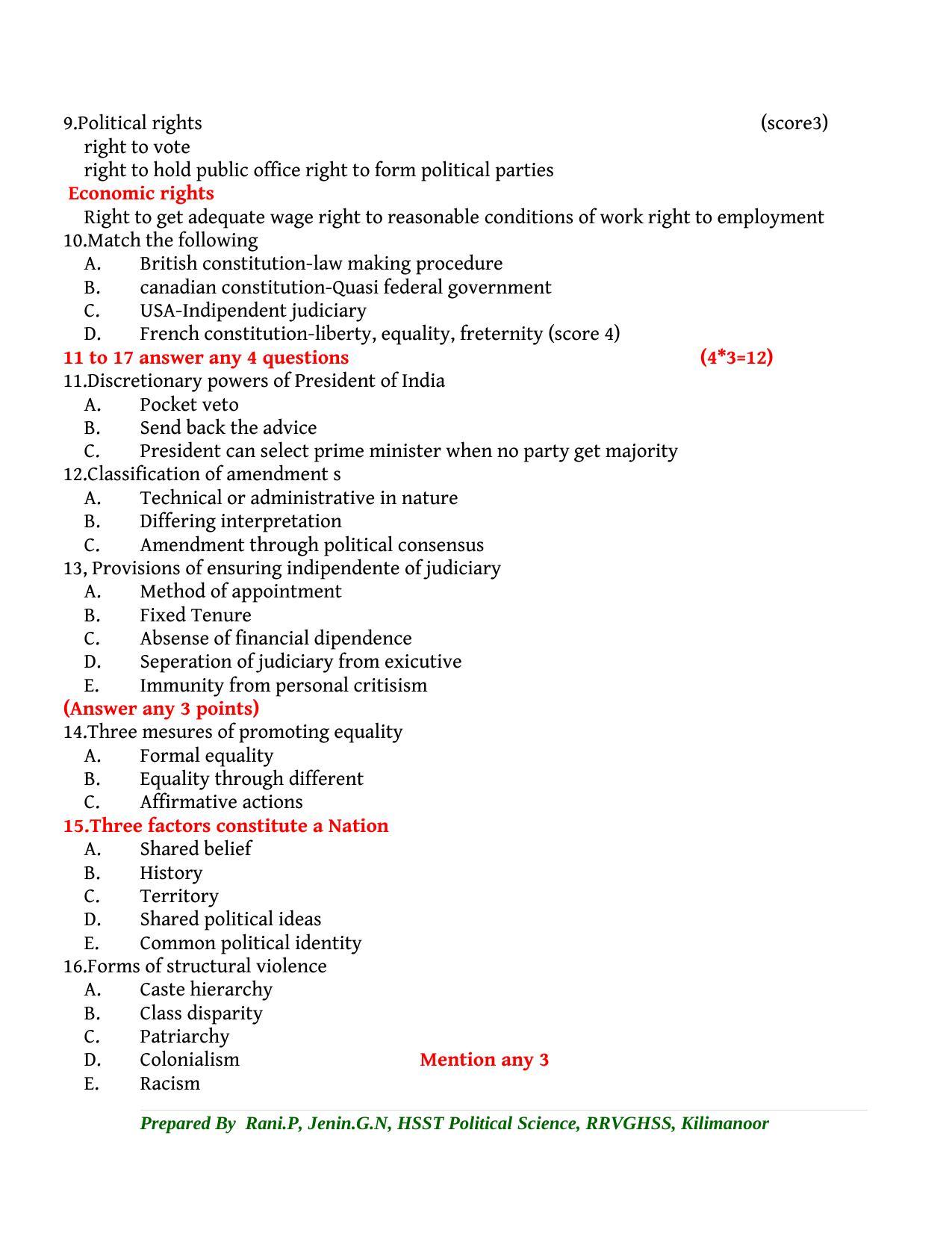 Kerala Plus One 2022 Political Science Answer Key (Model) - Page 2