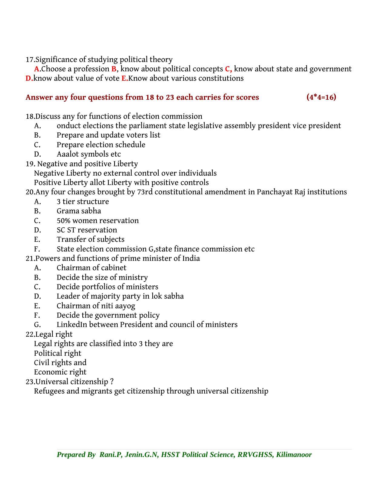 Kerala Plus One 2022 Political Science Answer Key (Model) - Page 3