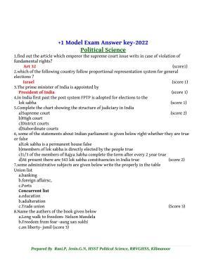 Kerala Plus One 2022 Political Science Answer Key (Model)