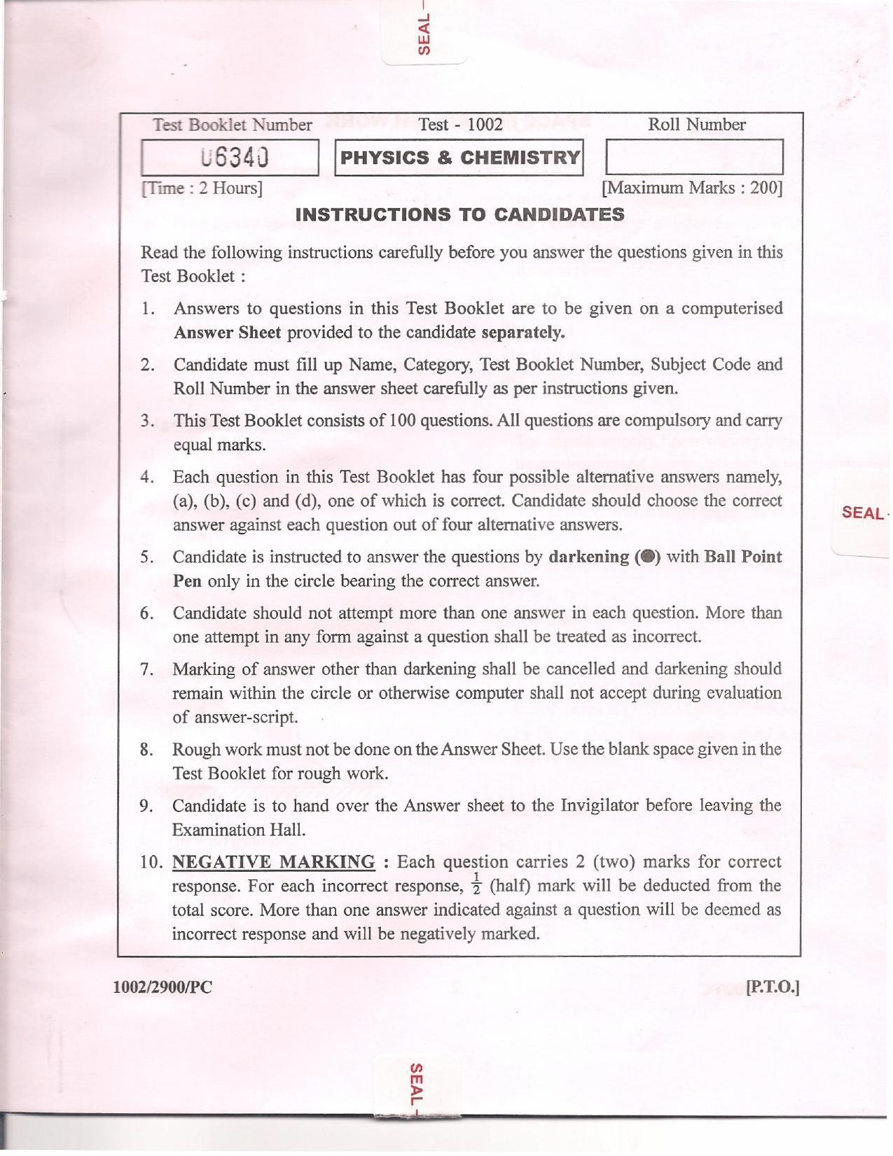 APJEE Physics & Chemistry 2010 Question Paper - Page 1