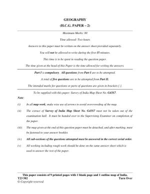ICSE Class 10 GEOGRAPHY (HCG Paper 2) 2023 Question Paper