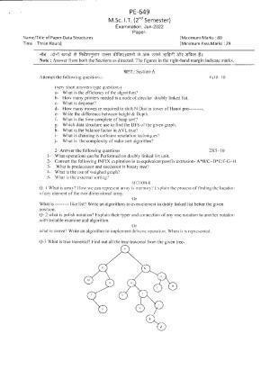 Bilaspur University Question Paper June 2022:Master Of Science In Information Technology (Second Semester)Data Structures Paper 1