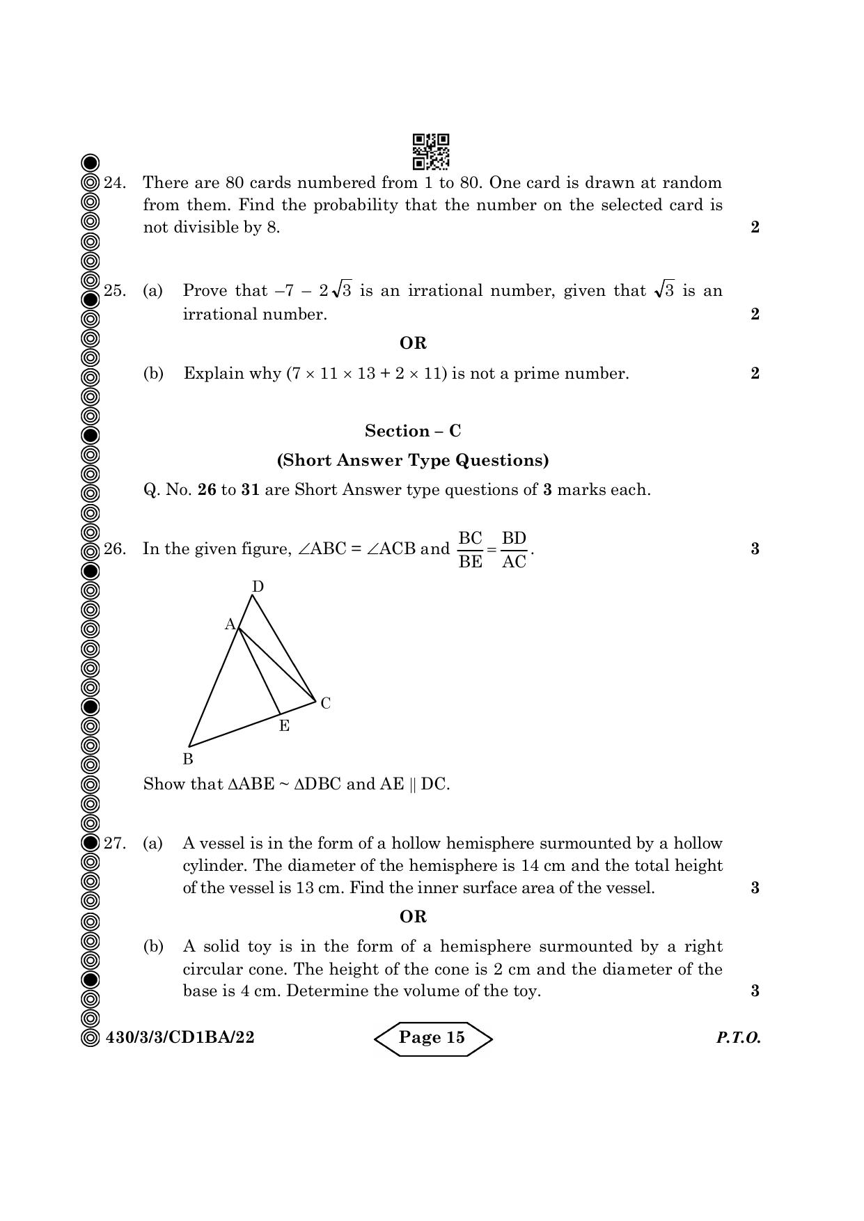 CBSE Class 10 430-3-3 Mathematics Basic 2024 Question Paper - Page 15