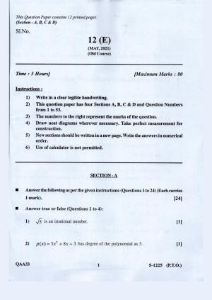 Gujarat Board Class 10th Standard Maths Eng. Med. Old May 2021 Question Paper