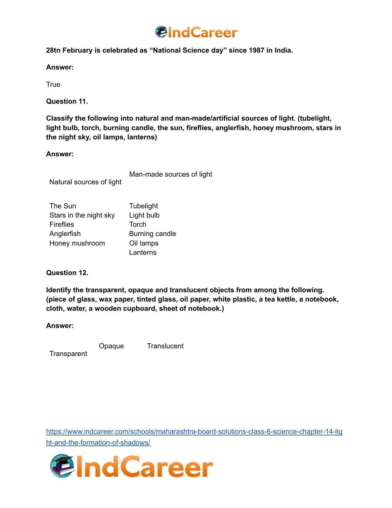 Maharashtra Board Solutions Class 6-Science: Chapter 14- Light and the Formation of Shadows - Page 12