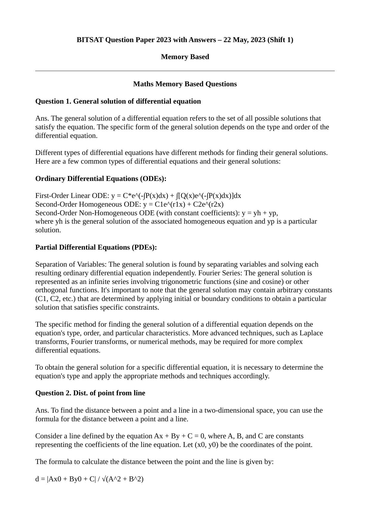 BITSAT Maths, Physics & Chemistry Shift 1 (22 May, 2023) Question Paper 2023 Question Paper - Page 1