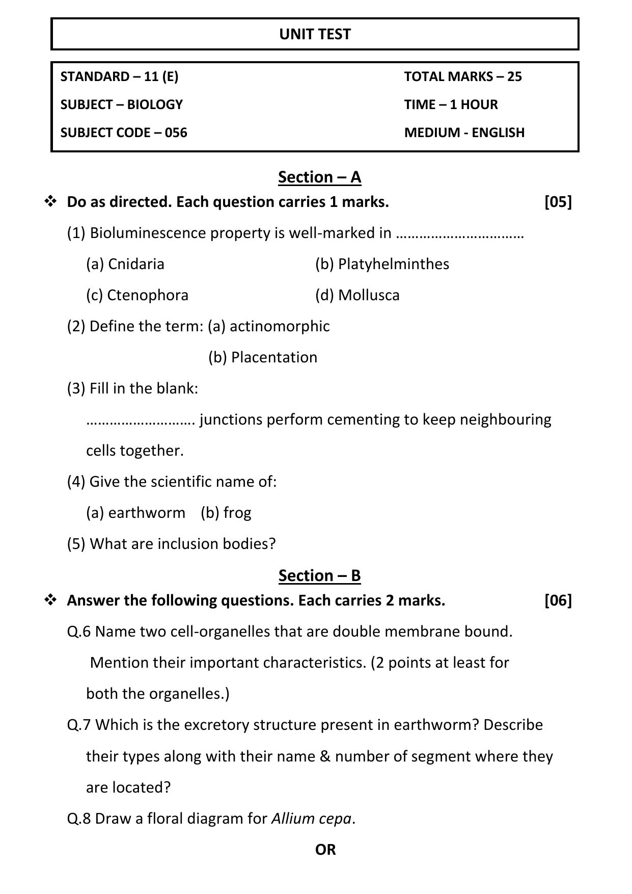 Gujarat Board Class 12th Question Paper 2020: Biology - Page 1