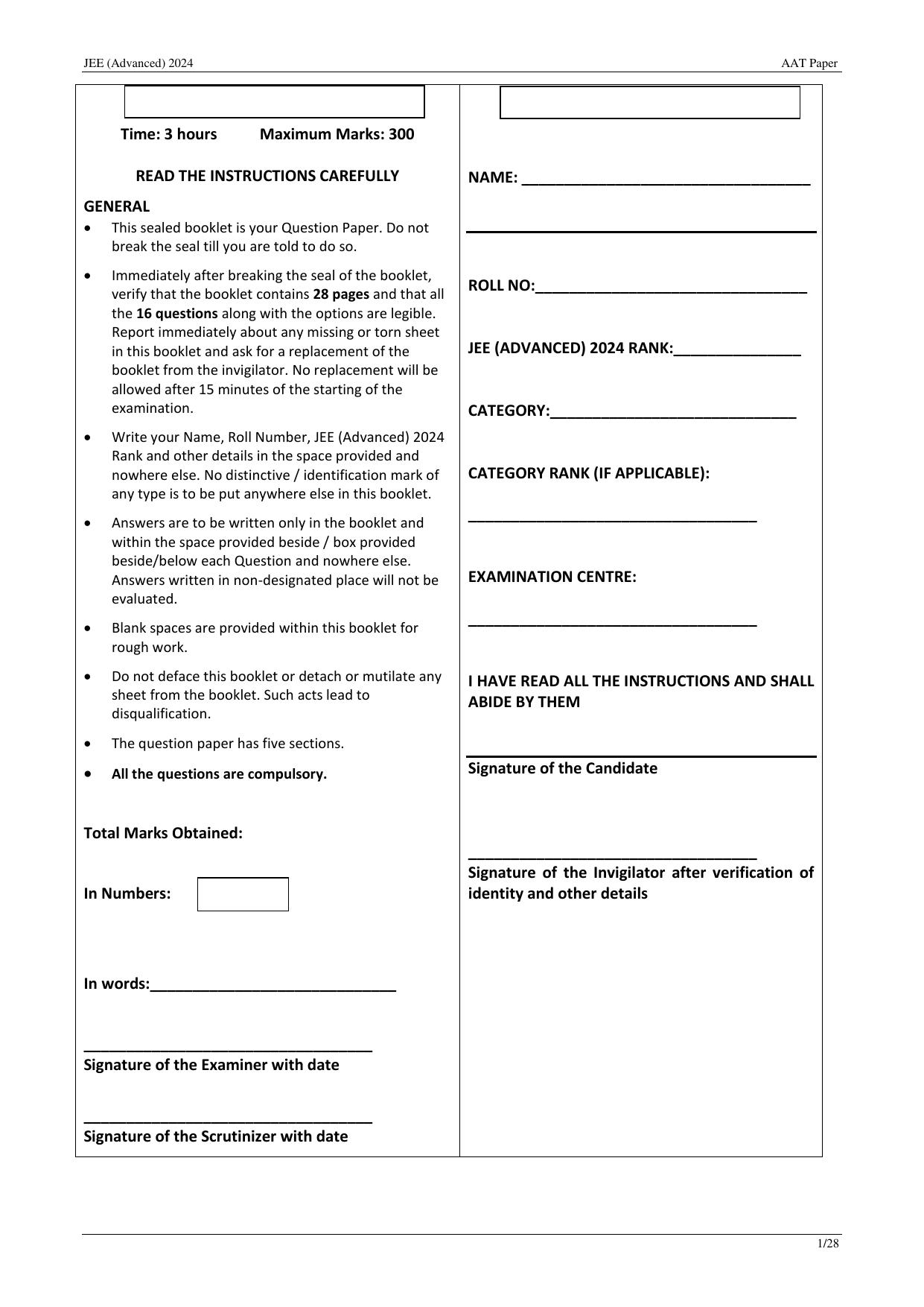 JEE Advanced AAT 2024 Question Paper - Page 1