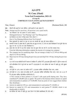Bilaspur University Question Paper 2021-2022:M.COM (Final) Corporate Tax Planning And Management paper 1
