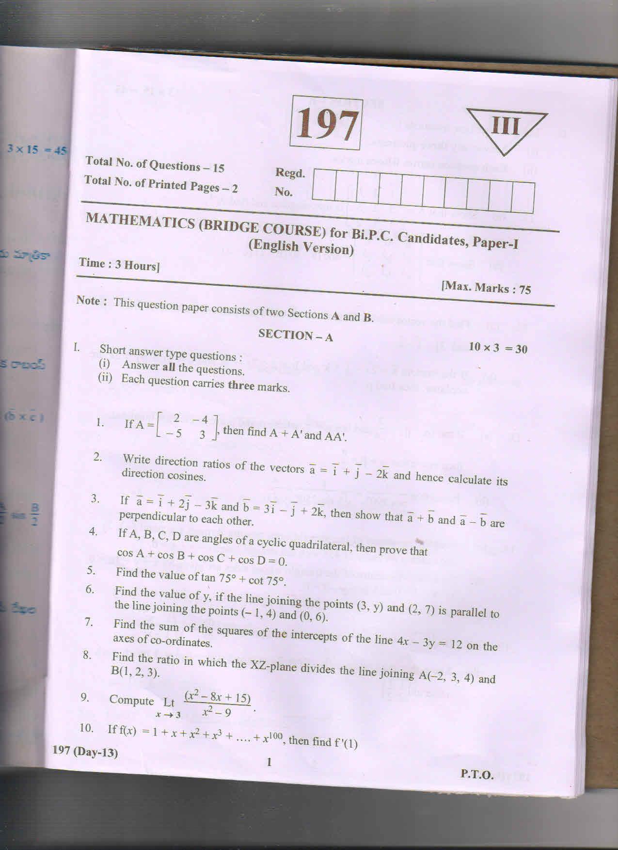 AP Inter 1st Year Bridge Course Mathematics-I (EM) May-2018 (General) Question Paper - Page 1