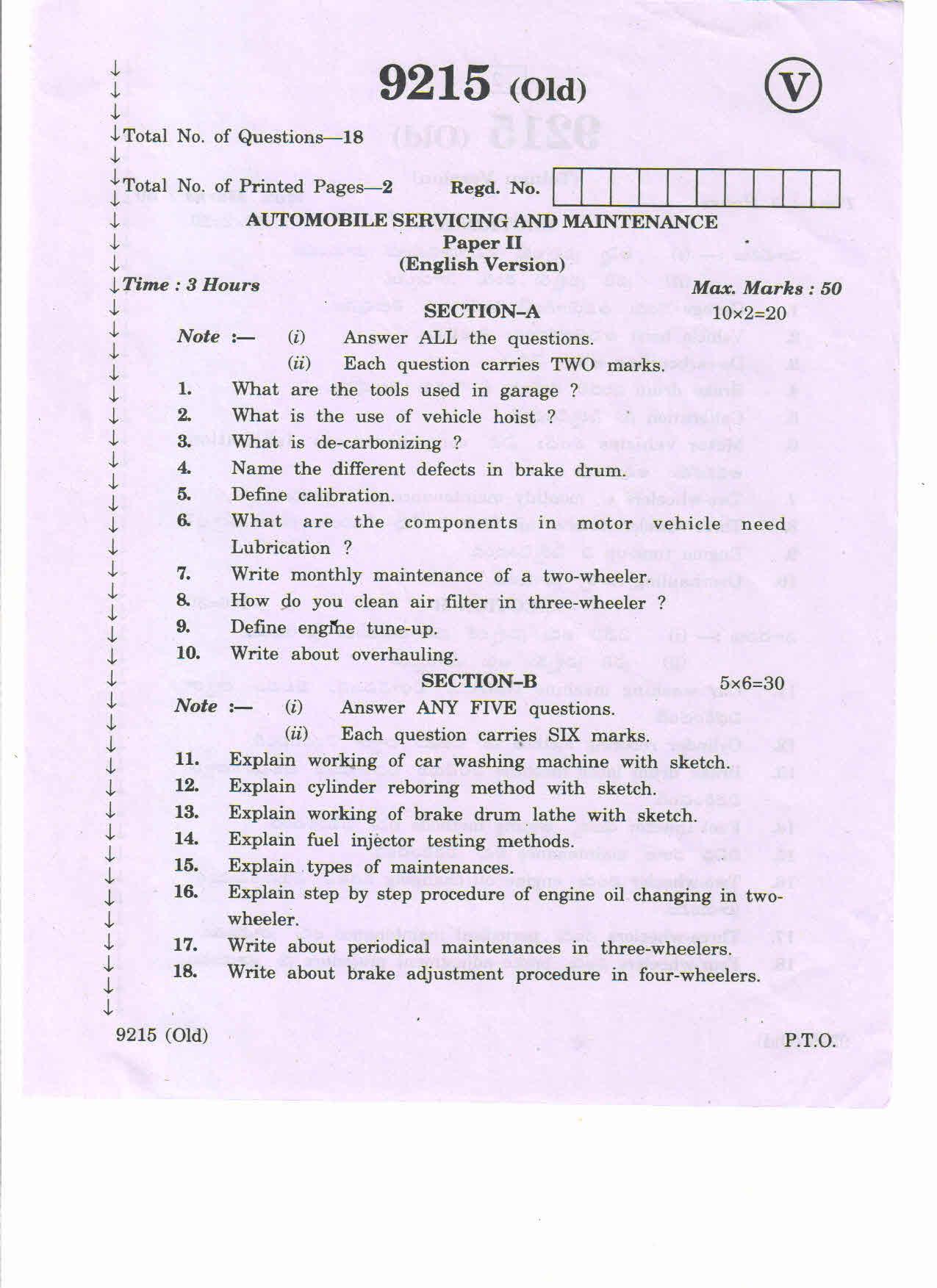 AP Inter 2nd Year Automobile Servicing Maintenance-II (old) March-2020-Vocational Question Pape - Page 1