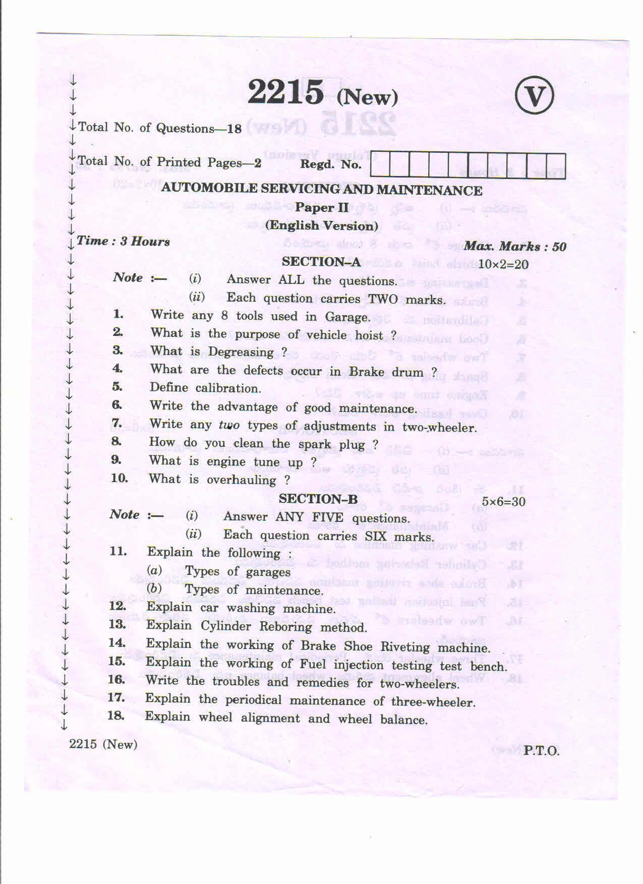 AP Inter 2nd Year Vocational Question Paper March - 2020  - Automobile Servicing Maintenance - II (new) - Page 1