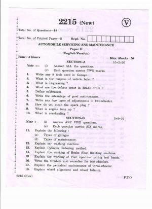 AP Inter 2nd Year Vocational Question Paper March - 2020  - Automobile Servicing Maintenance - II (new)