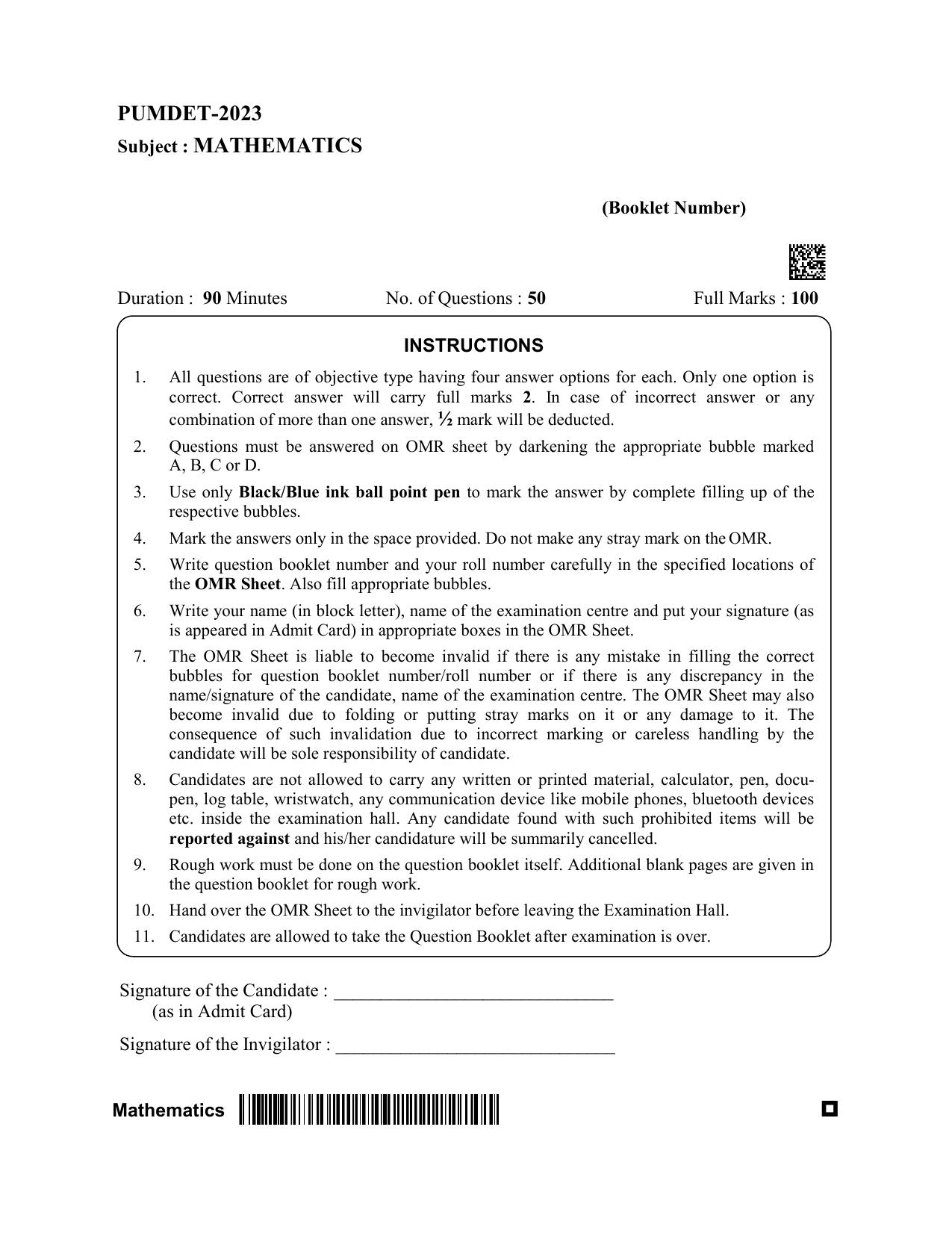 PUBDET 2023 Mathematics Question Paper - Page 1