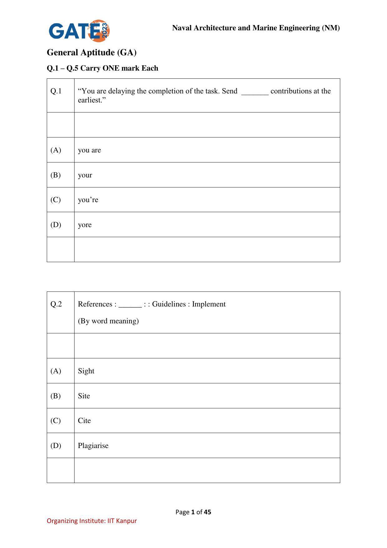 GATE 2023 Naval Architecture and Marine Engineering (NM) Question Paper - Page 1