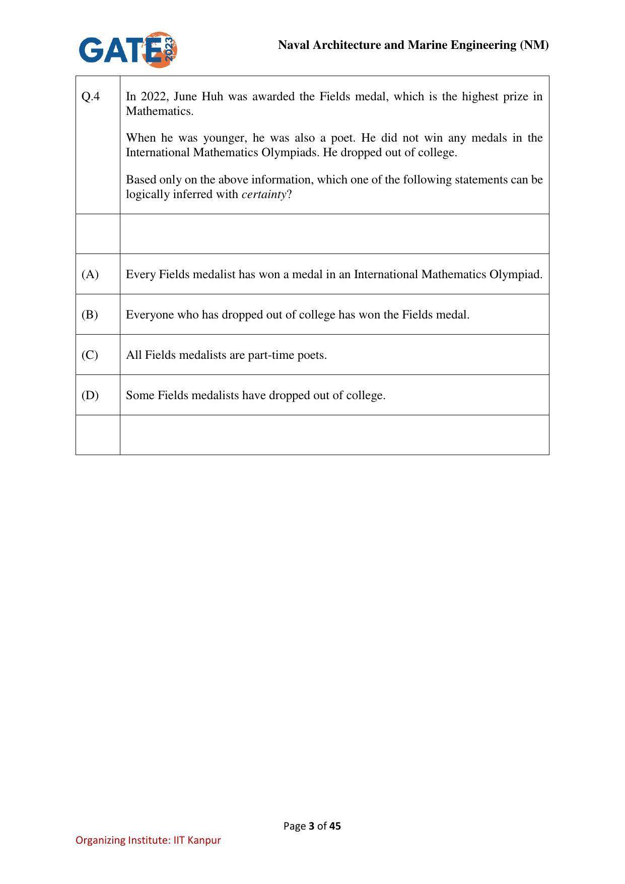 GATE 2023 Naval Architecture and Marine Engineering (NM) Question Paper - Page 3