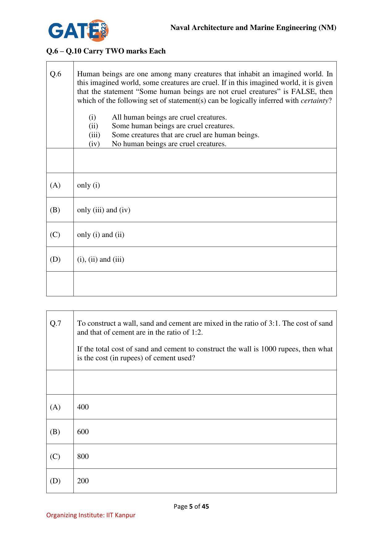 GATE 2023 Naval Architecture and Marine Engineering (NM) Question Paper - Page 5