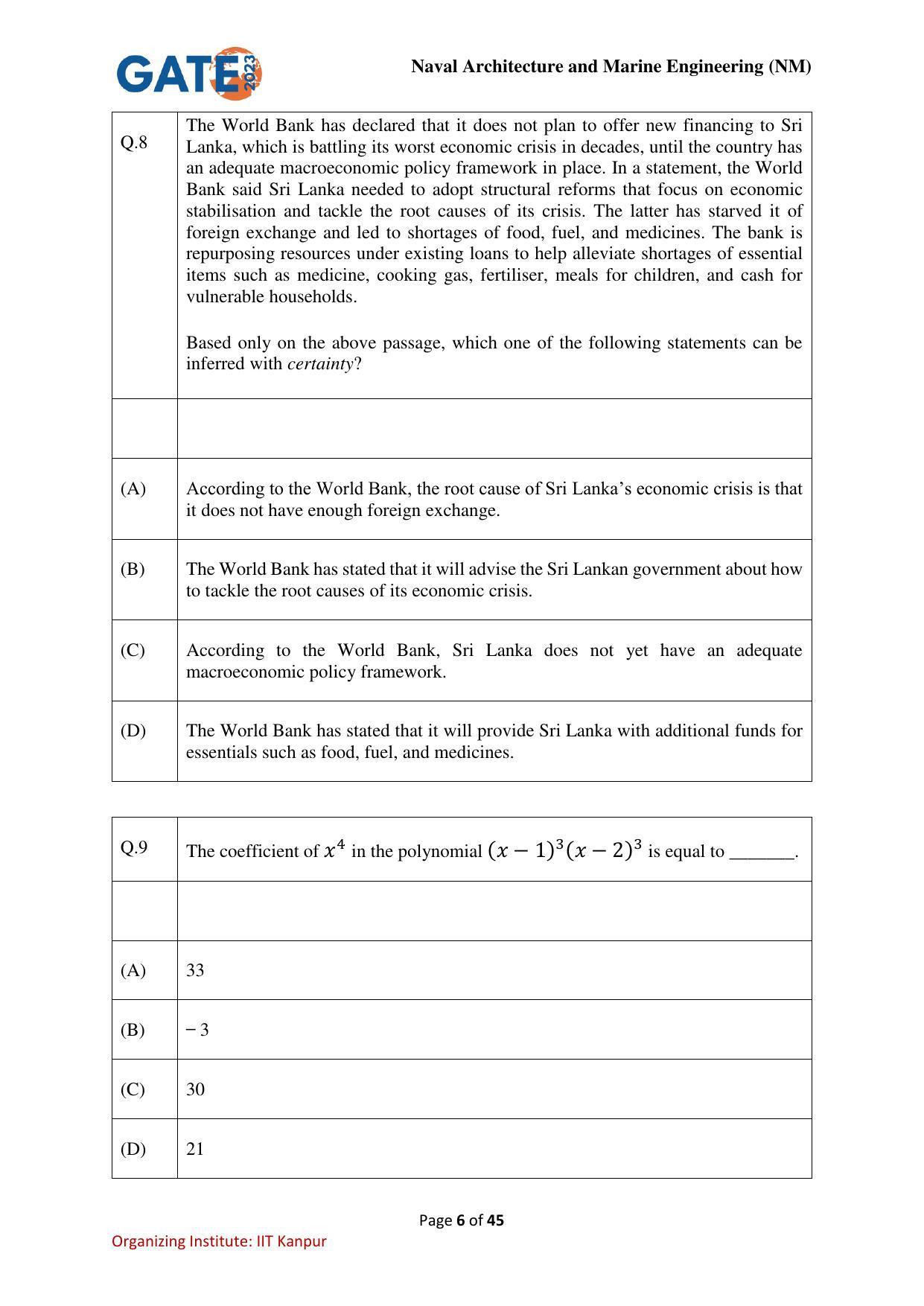 GATE 2023 Naval Architecture and Marine Engineering (NM) Question Paper - Page 6