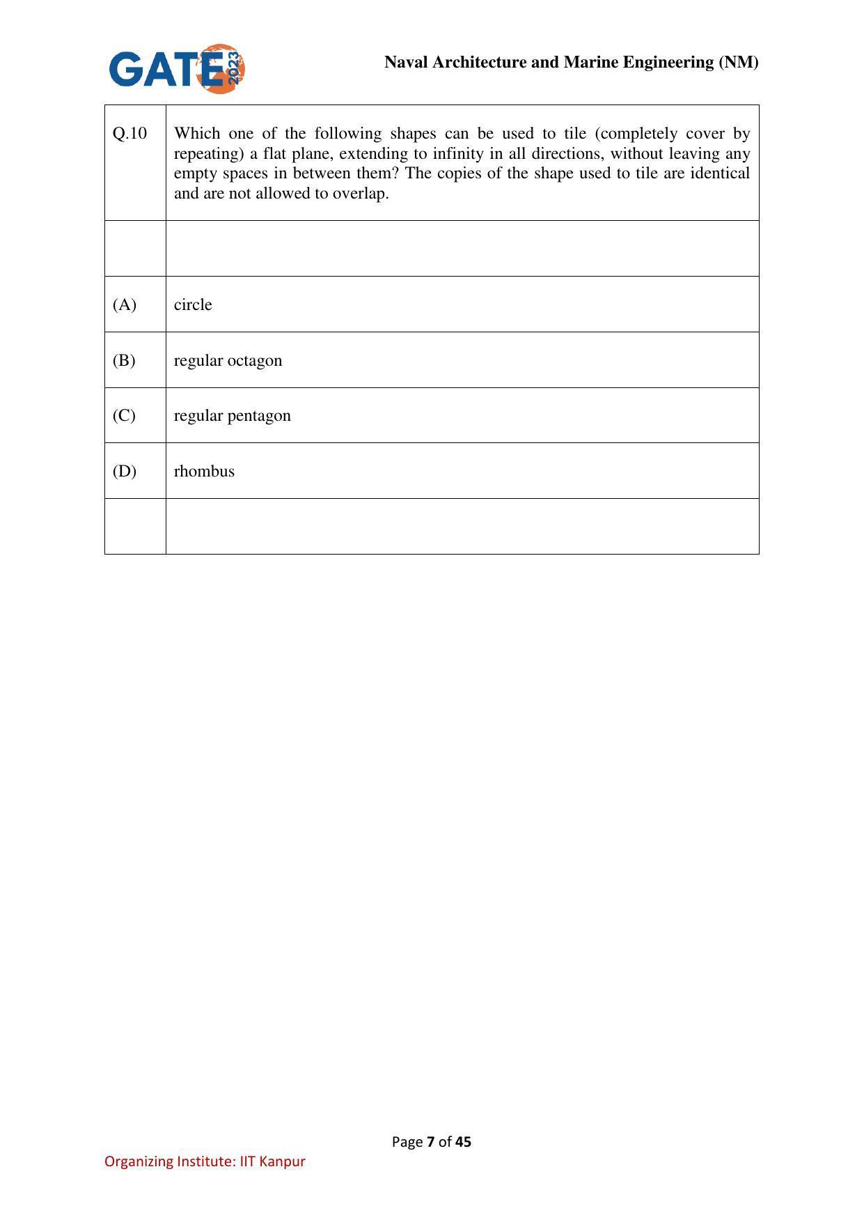 GATE 2023 Naval Architecture and Marine Engineering (NM) Question Paper - Page 7