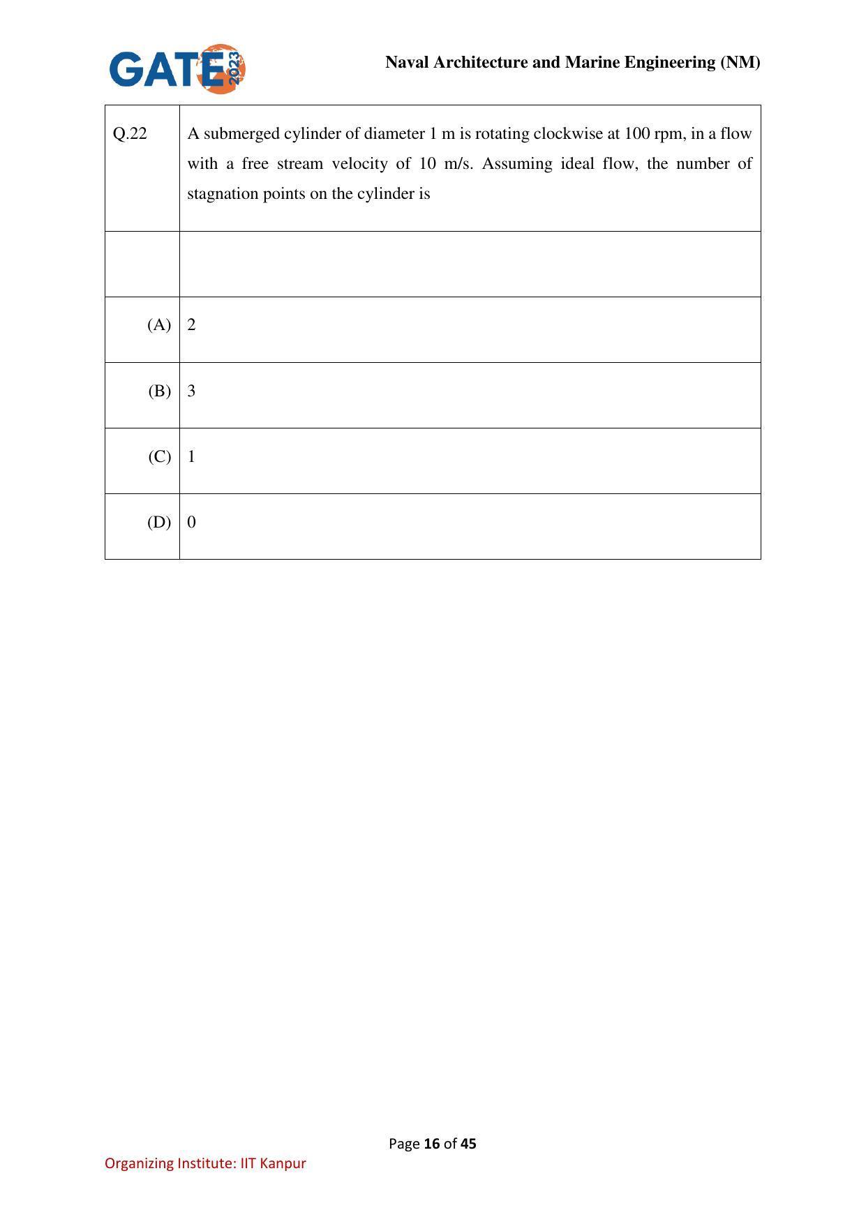 GATE 2023 Naval Architecture and Marine Engineering (NM) Question Paper - Page 16
