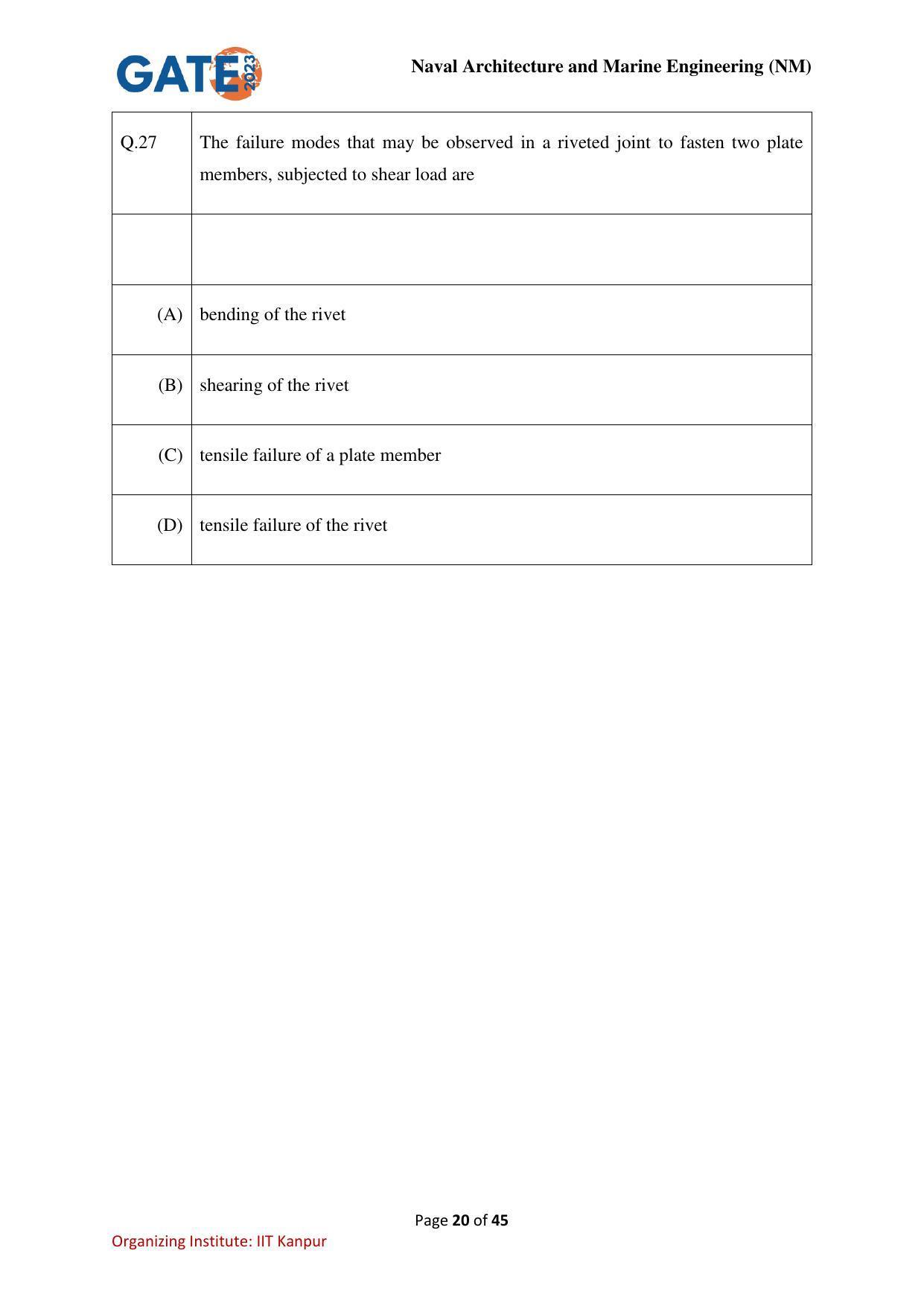 GATE 2023 Naval Architecture and Marine Engineering (NM) Question Paper - Page 20