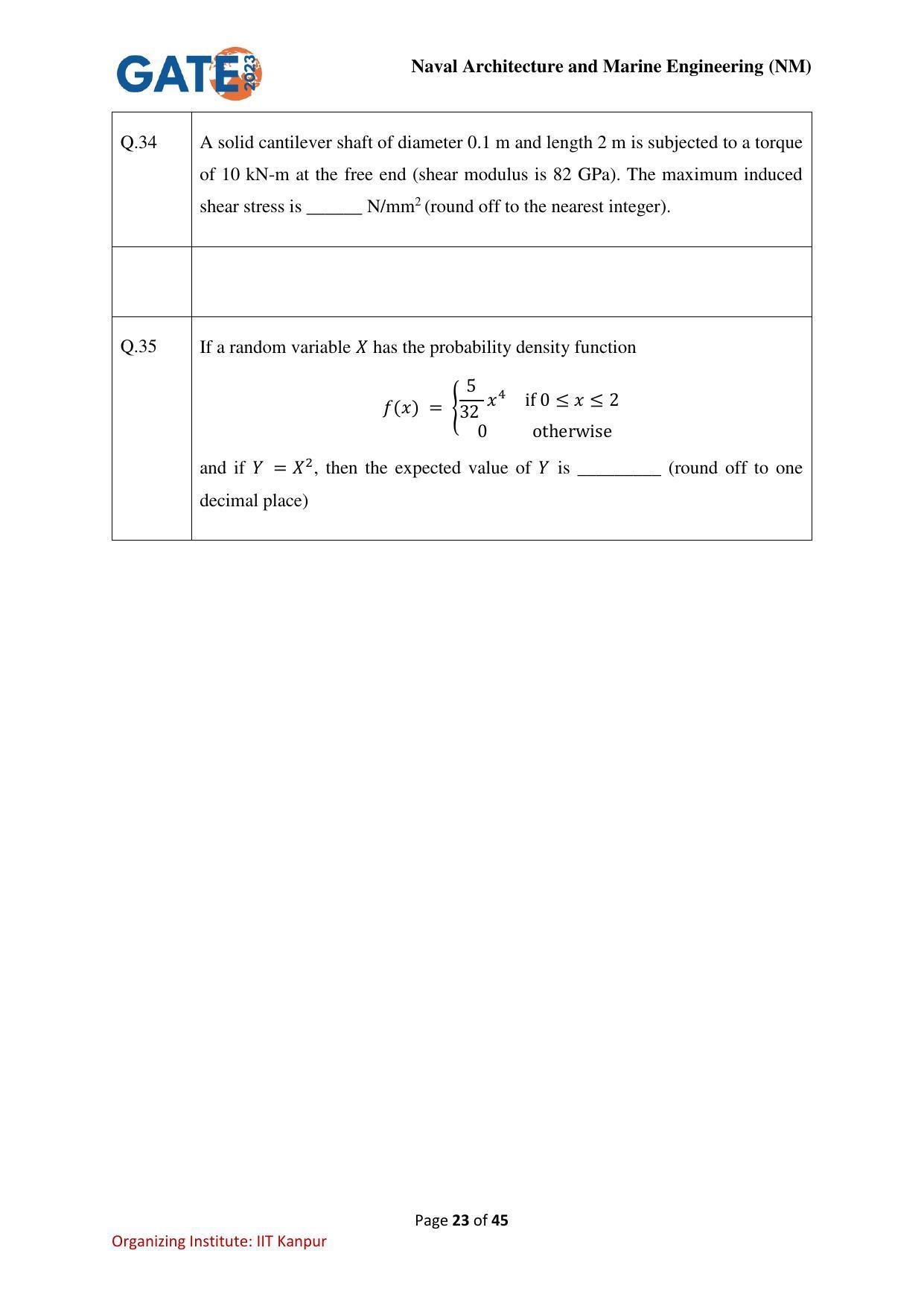 GATE 2023 Naval Architecture and Marine Engineering (NM) Question Paper - Page 23