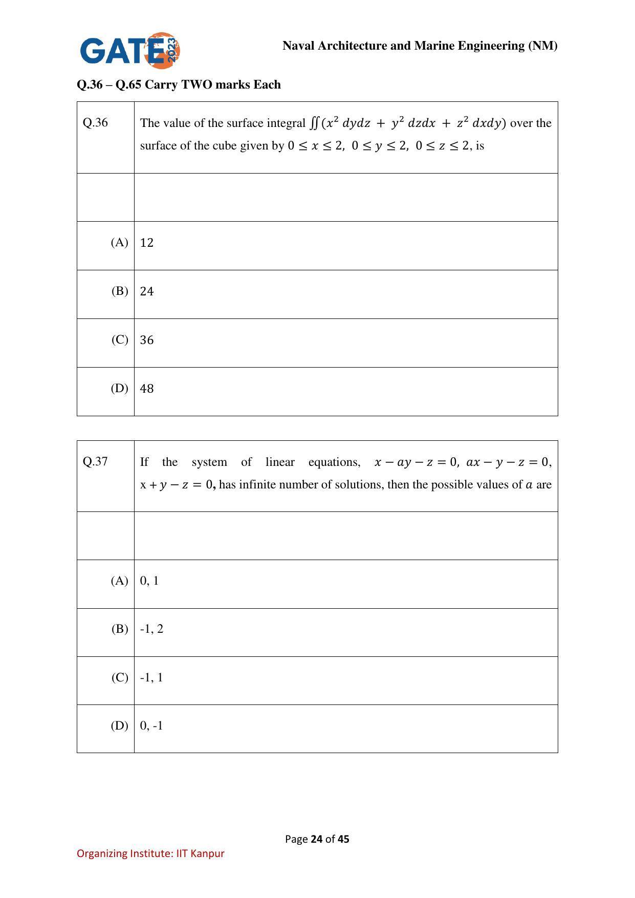 GATE 2023 Naval Architecture and Marine Engineering (NM) Question Paper - Page 24