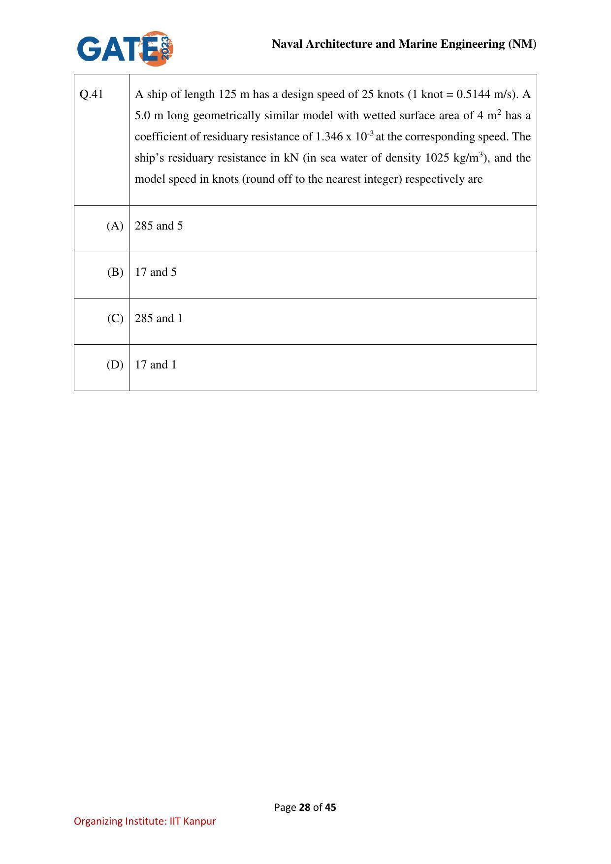 GATE 2023 Naval Architecture and Marine Engineering (NM) Question Paper - Page 28