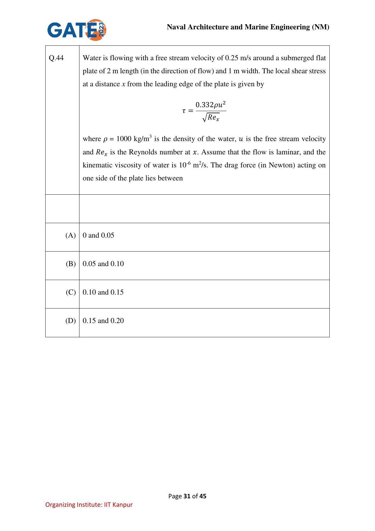 GATE 2023 Naval Architecture and Marine Engineering (NM) Question Paper - Page 31